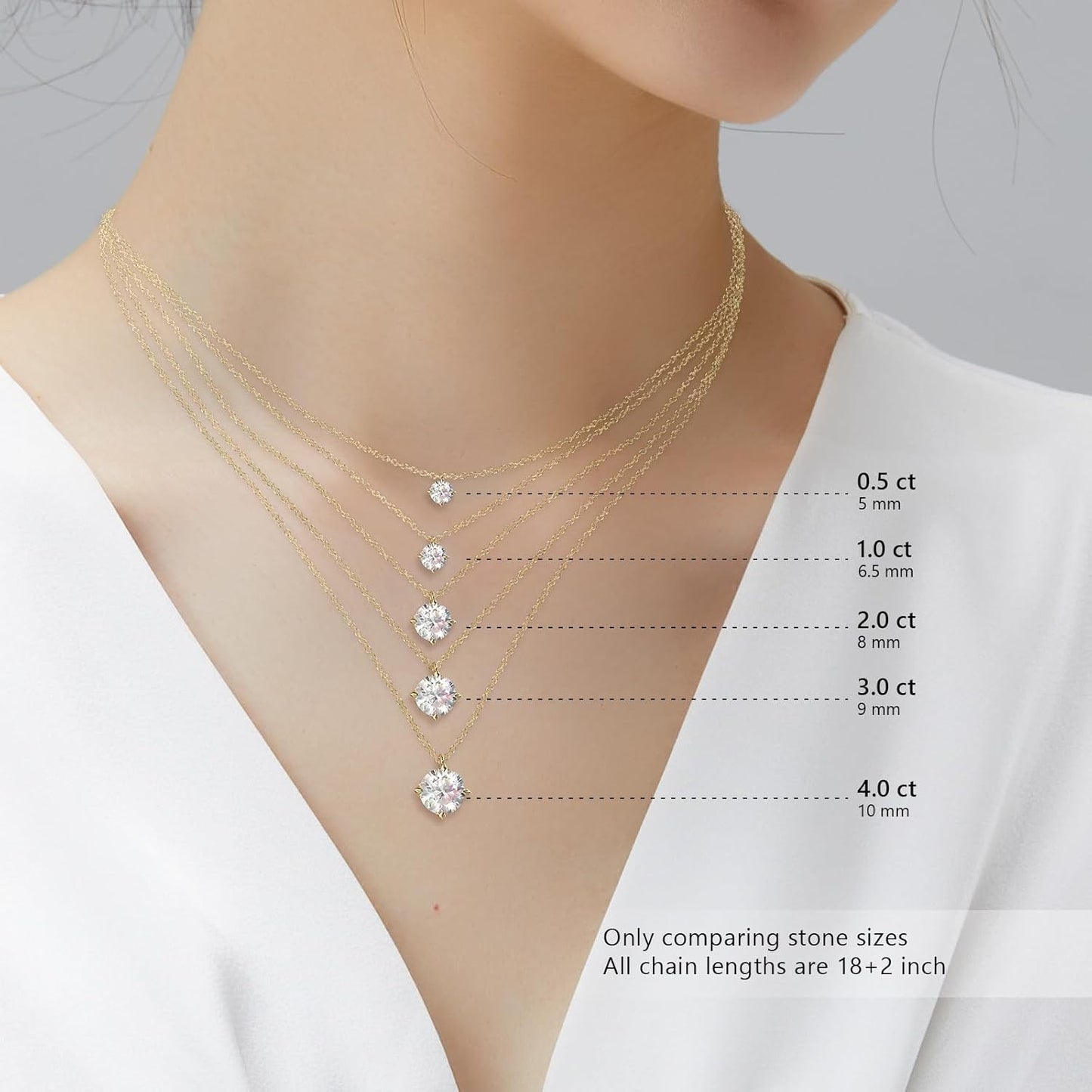 Elegant 14K gold solitaire necklace featuring multiple stone sizes for versatile styling