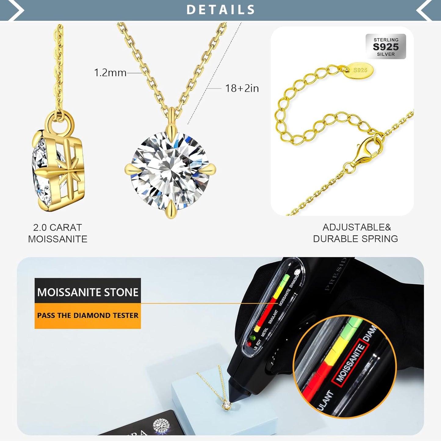 14K gold solitaire necklace featuring a 2.0 carat moissanite stone on adjustable chain