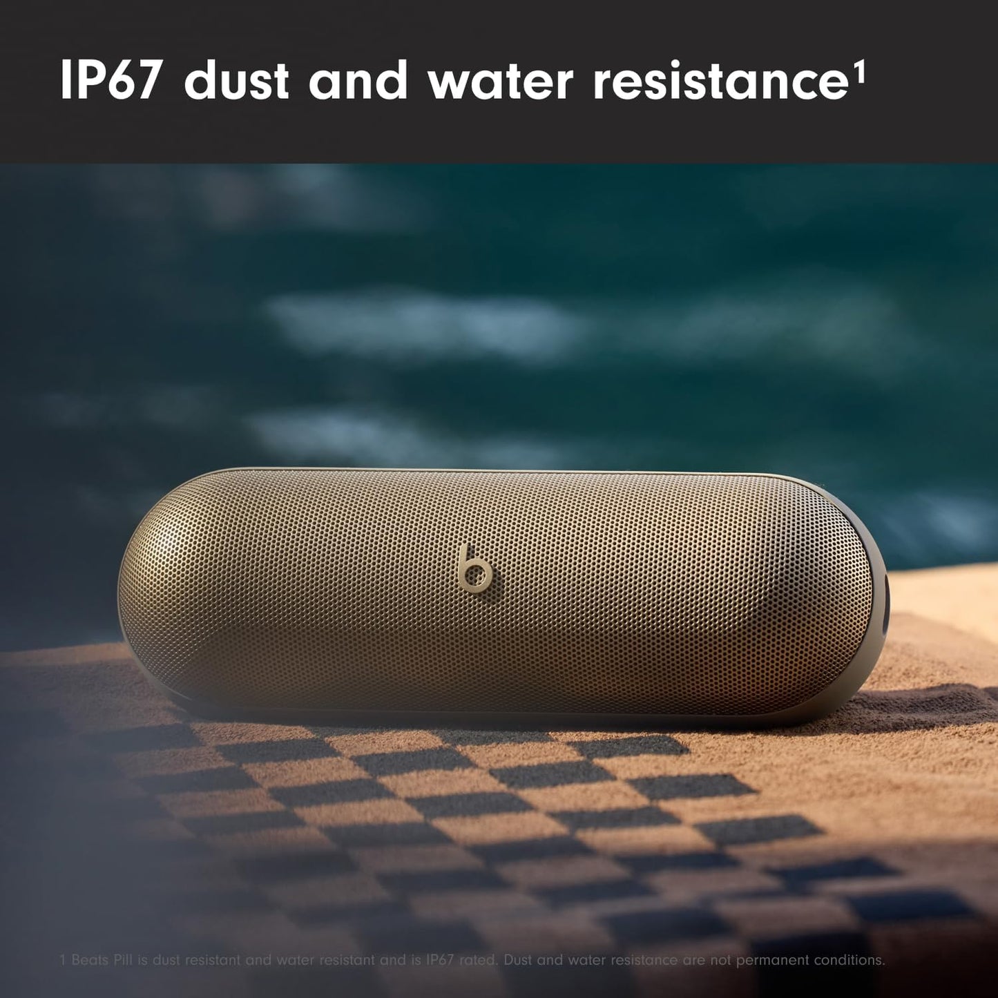 Beats Pill Bluetooth Speaker featuring IP67 dust and water resistance for outdoor use