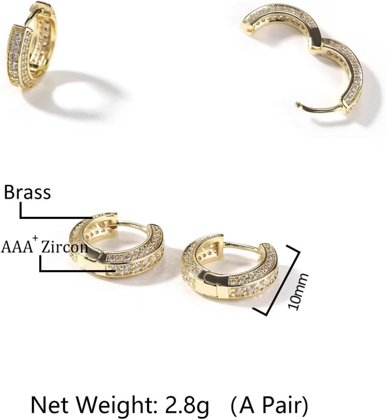Gold Brass Cubic Zirconia Hoop Earrings with Sparkling AAA Zircon Stones in 10mm Size