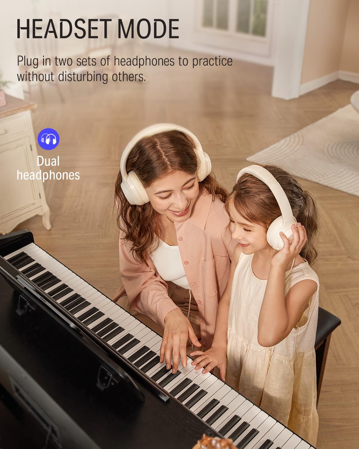 Digital piano featuring dual headphones for practice, with an 88-key weighted action keyboard