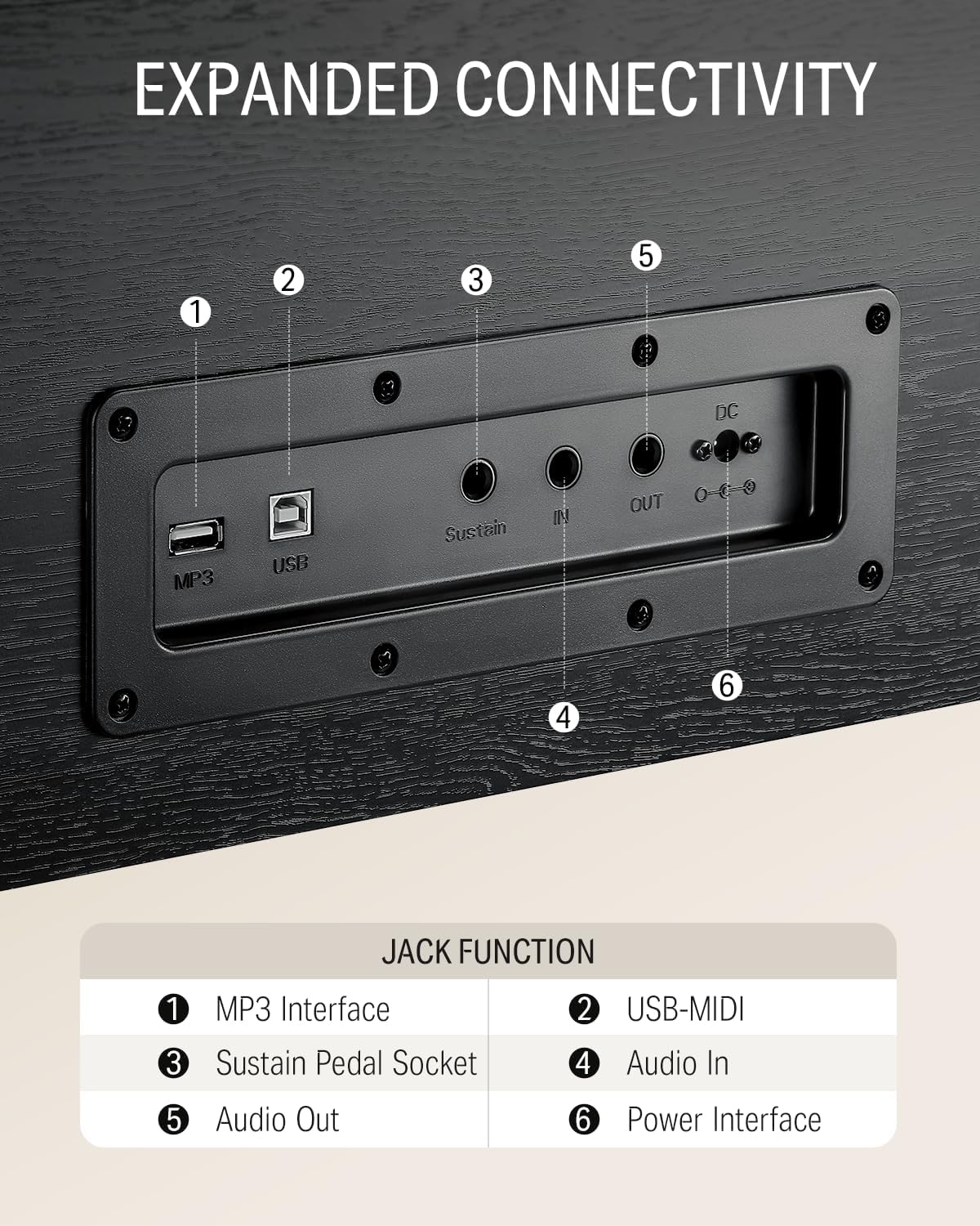 Rear view of Fixtur Services digital piano showcasing expanded connectivity ports for 88-key weighted action keyboard