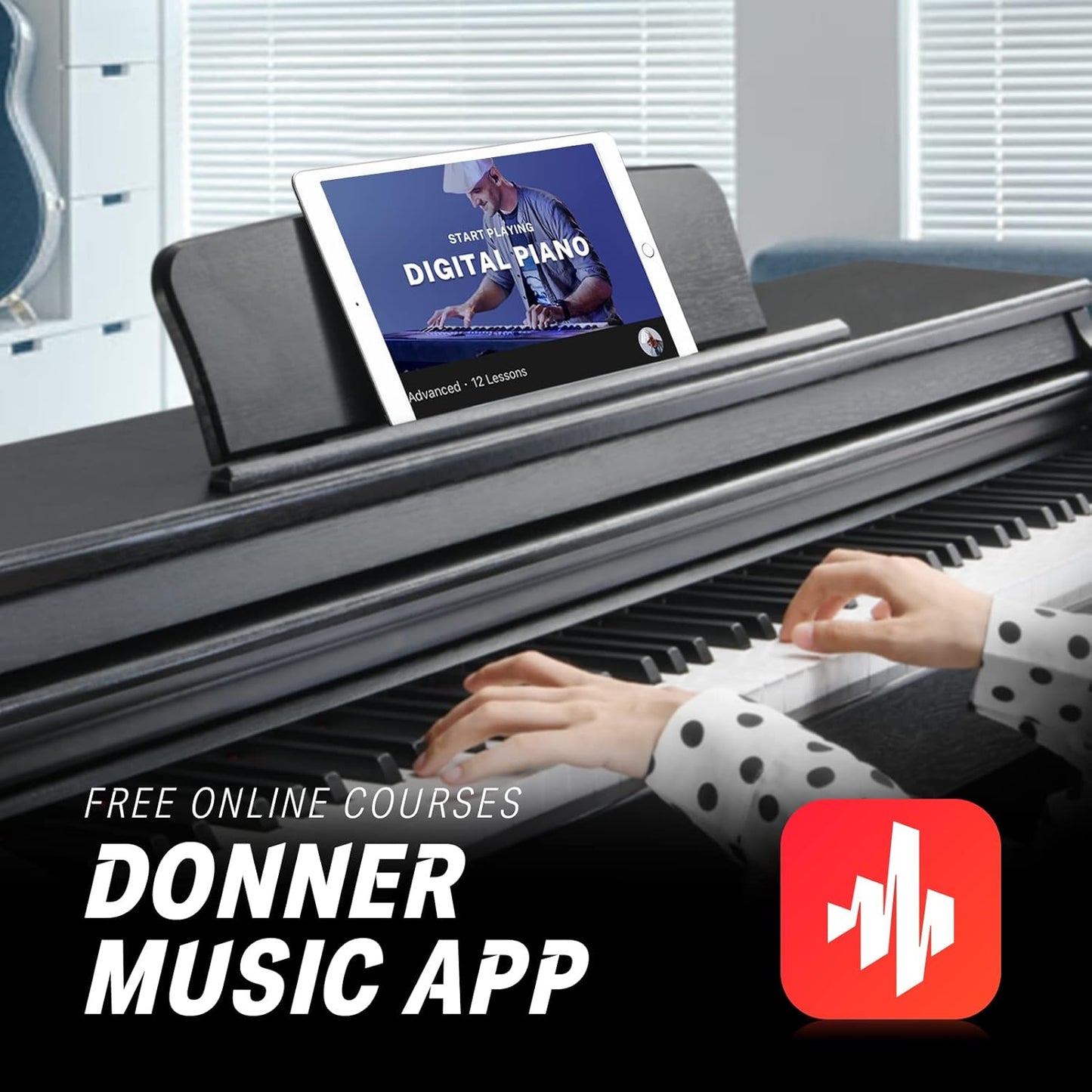 Digital piano with 88-key weighted action keyboard showcased next to an iPad displaying online lessons