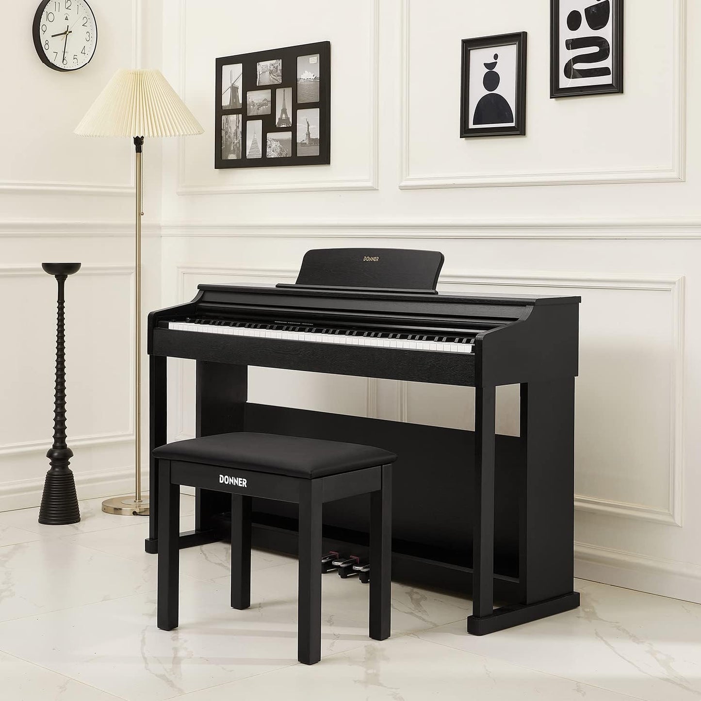 Donner Digital Piano with 88-key weighted action keyboard and matching bench in modern home setting