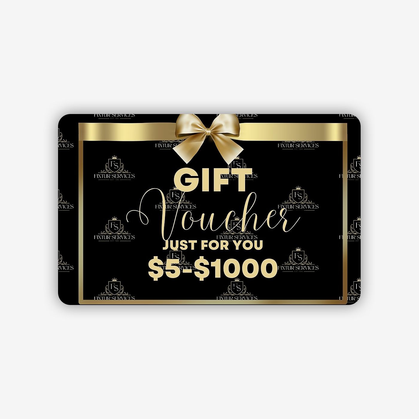 Fixtur Services Handyman services gift card available for amounts between $5 and $1000 with elegant design
