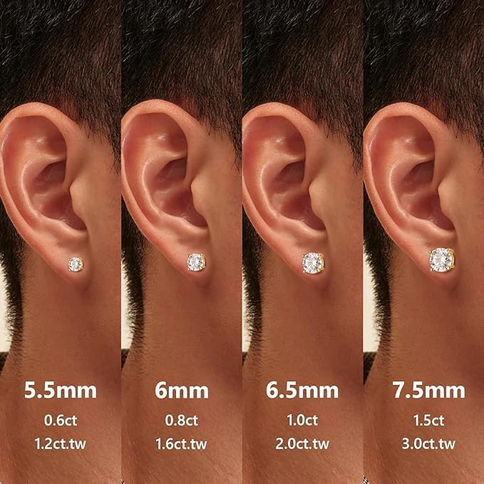 0.6-3 CT moissanite jewelry earrings displayed on model's ears in various sizes