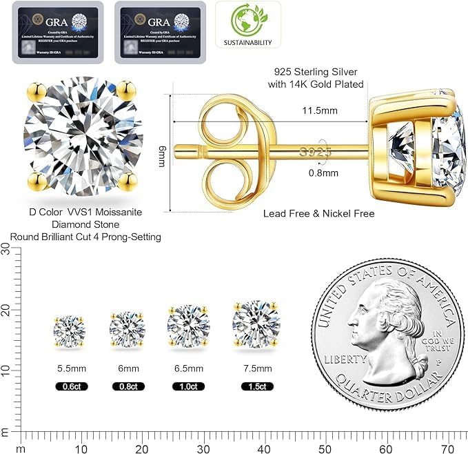 0.6-3 CT moissanite jewelry earrings in 14K gold plated setting with 925 sterling silver for elegance