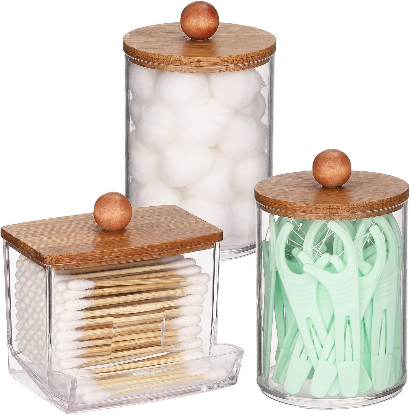 Fixtur Services cotton ball storage organizer set with bamboo lids and clear containers for cotton swabs and balls