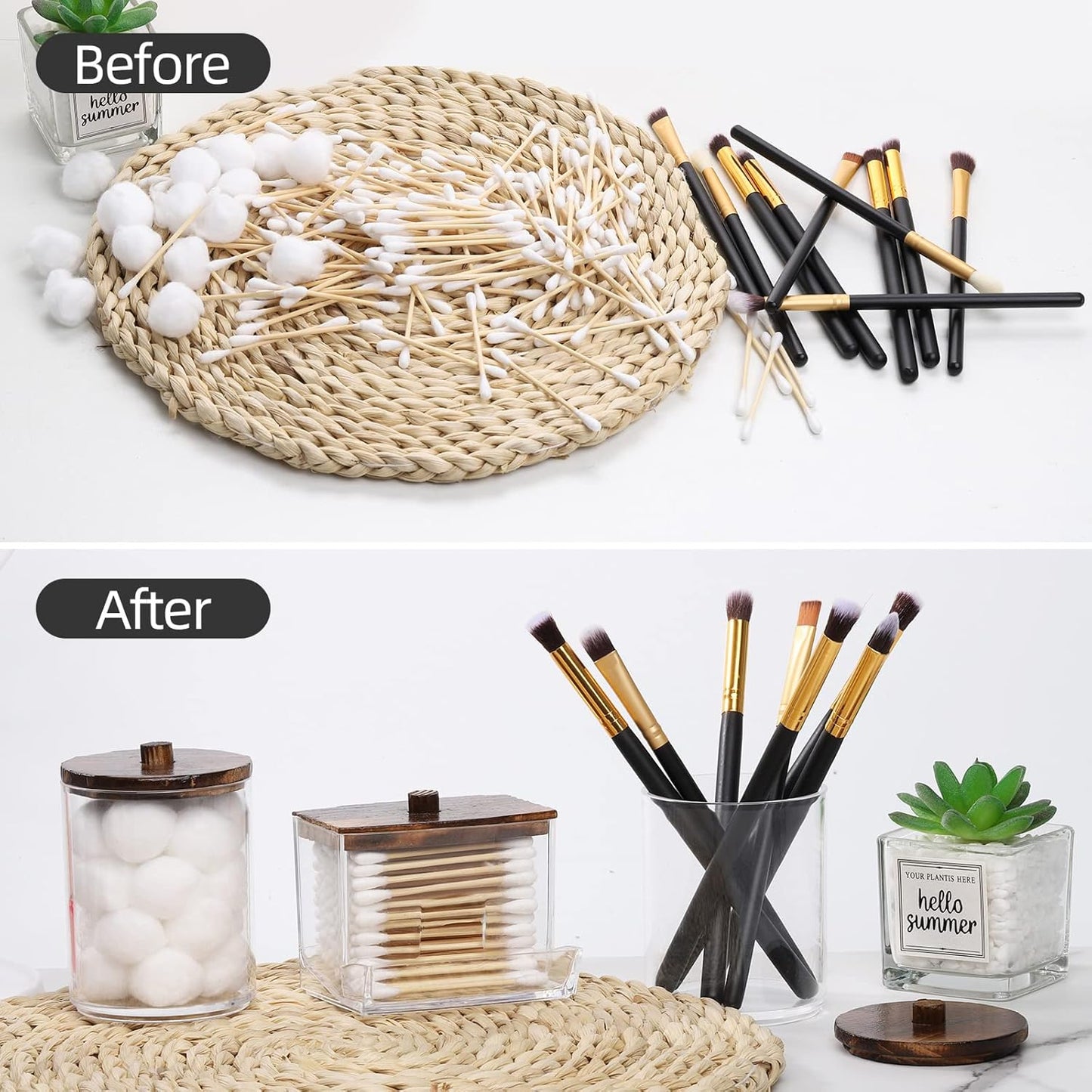 Fixtur Services cotton ball storage organizer with clear design and wooden lid for bathroom organization