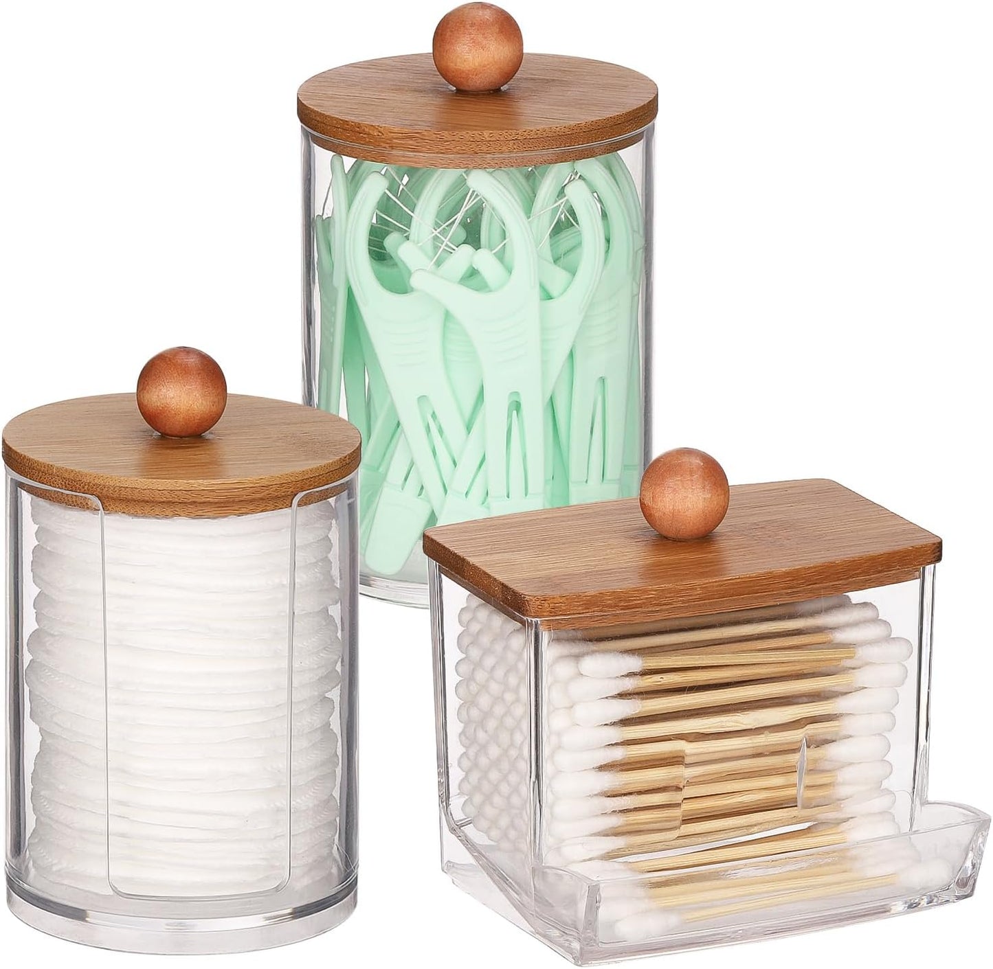 Fixtur Services Cotton Ball Storage Organizer Set with Bamboo Lids for Stylish Bathroom Storage