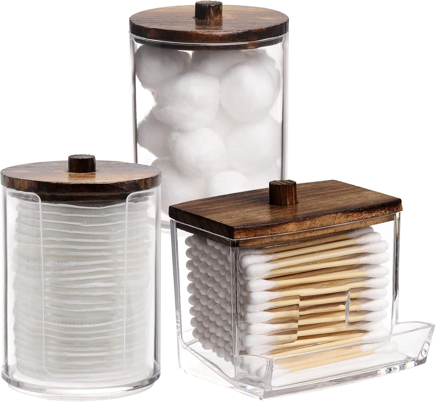 Set of three clear canisters with wooden lids for cotton ball storage organizer