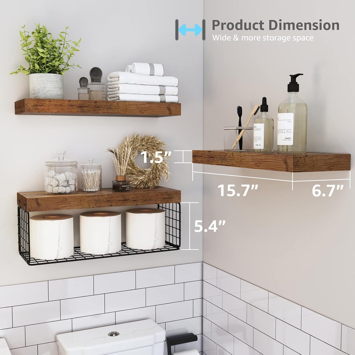 Stylish floating shelves over toilet in a modern bathroom for extra storage and organization