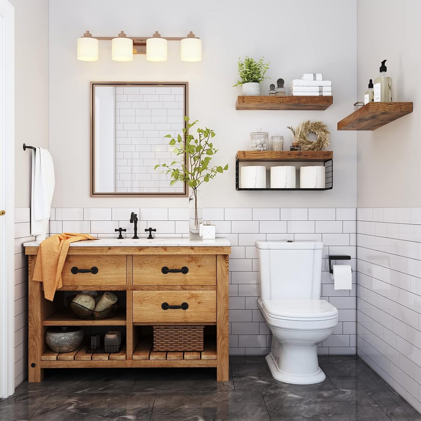 Stylish bathroom with floating shelves over toilet and a wooden vanity for optimal storage