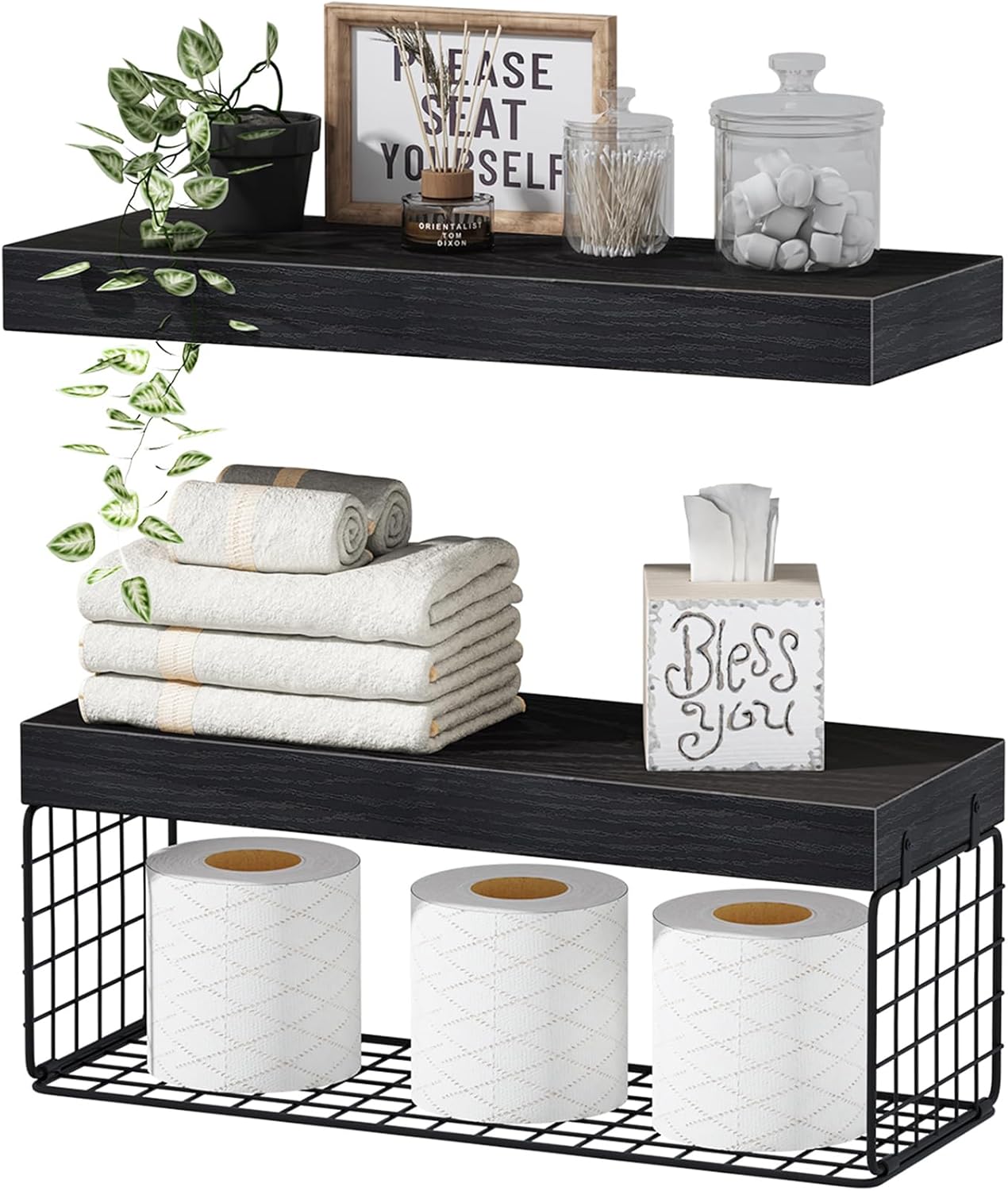 Fixtur Services floating shelves over toilet with decorative items, towels, and toilet paper storage