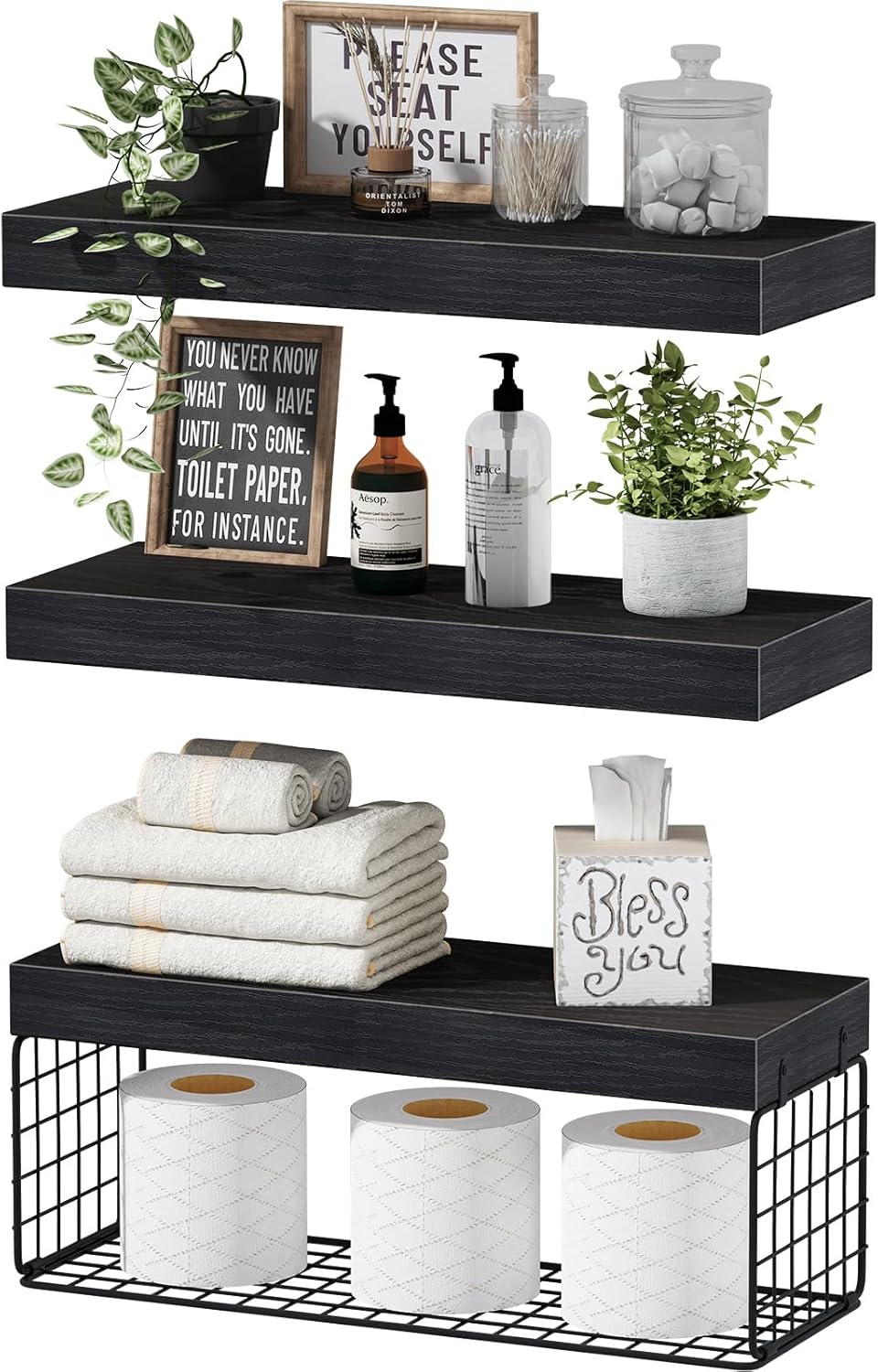 Fixtur Services floating shelves over toilet in black, featuring decorative items and storage for towels and toiletries