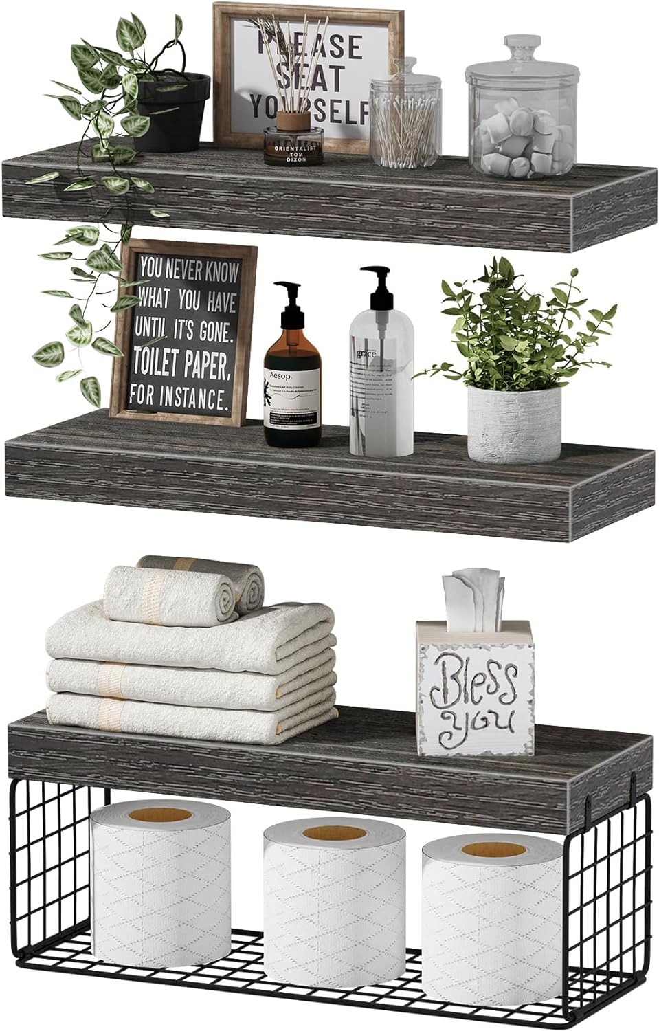 Stylish floating shelves over toilet with decorative plants, toiletries, and storage for towels and toilet paper