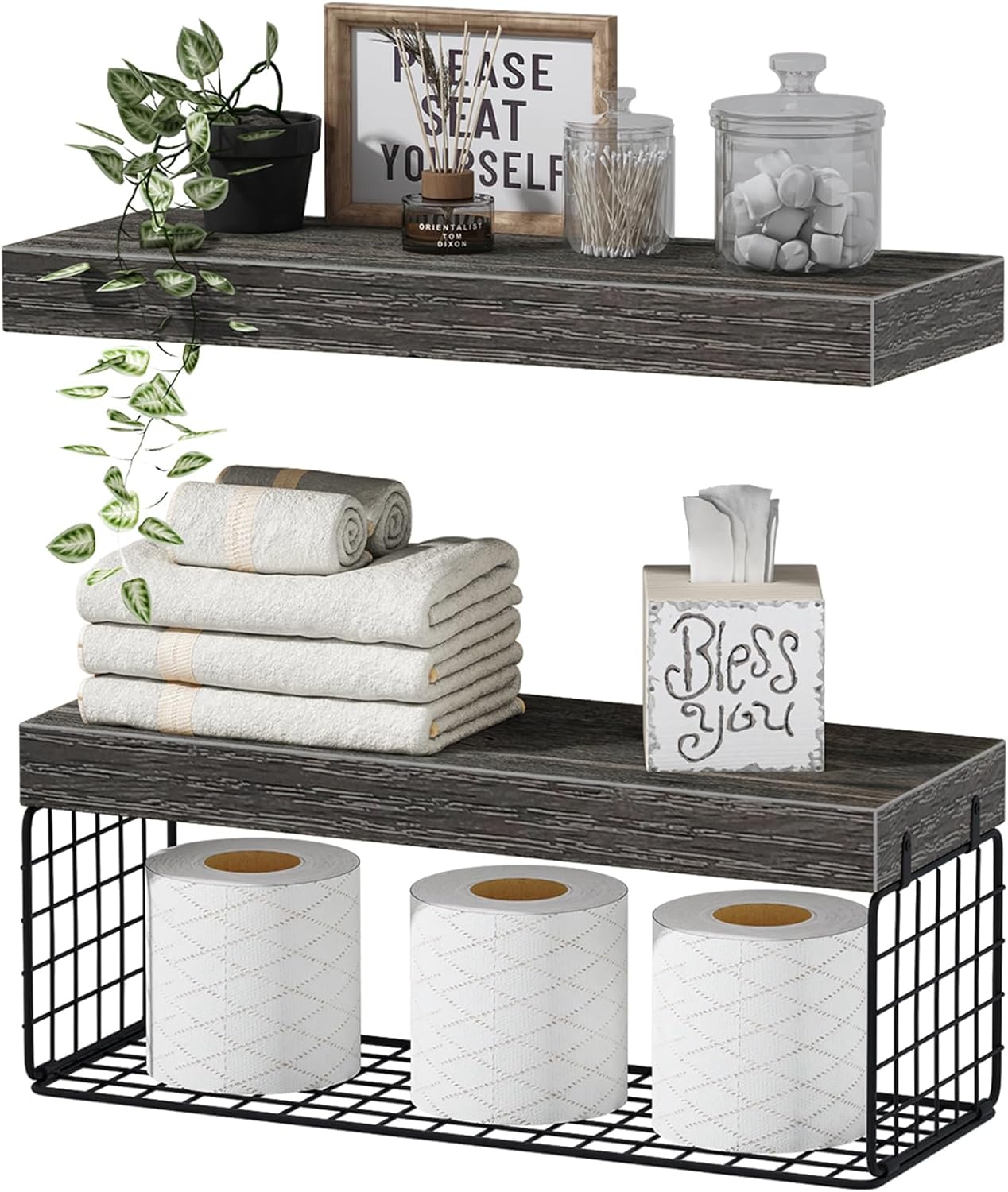 Fixtur Services floating shelves over toilet providing stylish storage for towels and toiletries