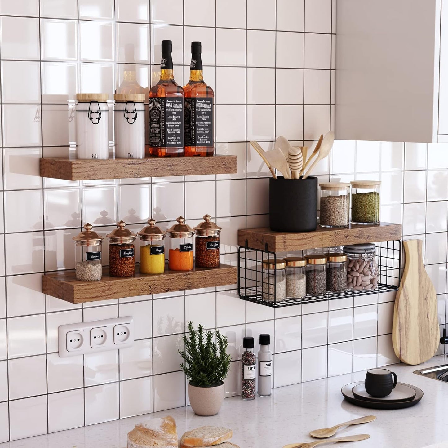 Stylish floating shelves over toilet for storing kitchen essentials and decor items