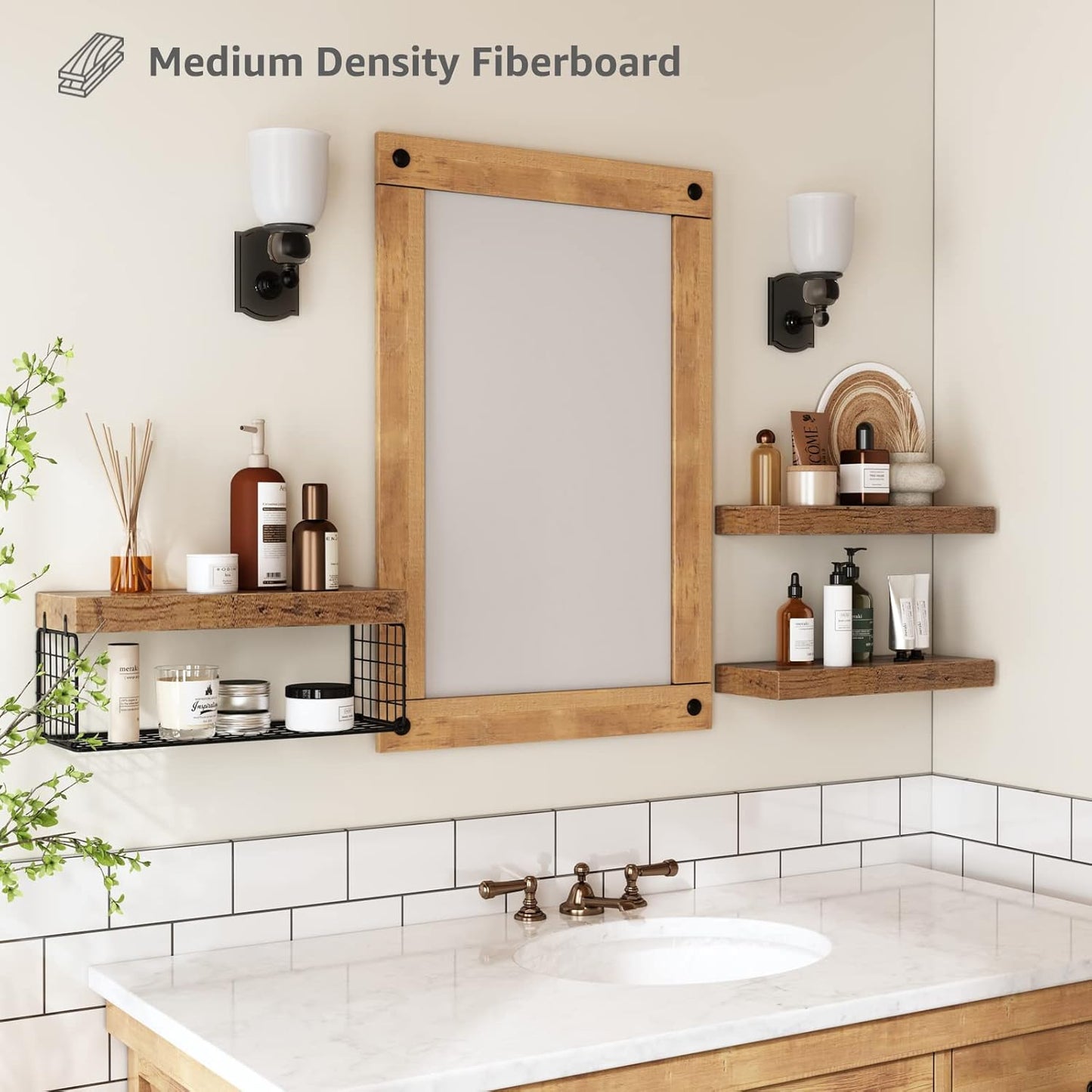 Fixtur Services floating shelves over toilet in a stylish bathroom with decorative items