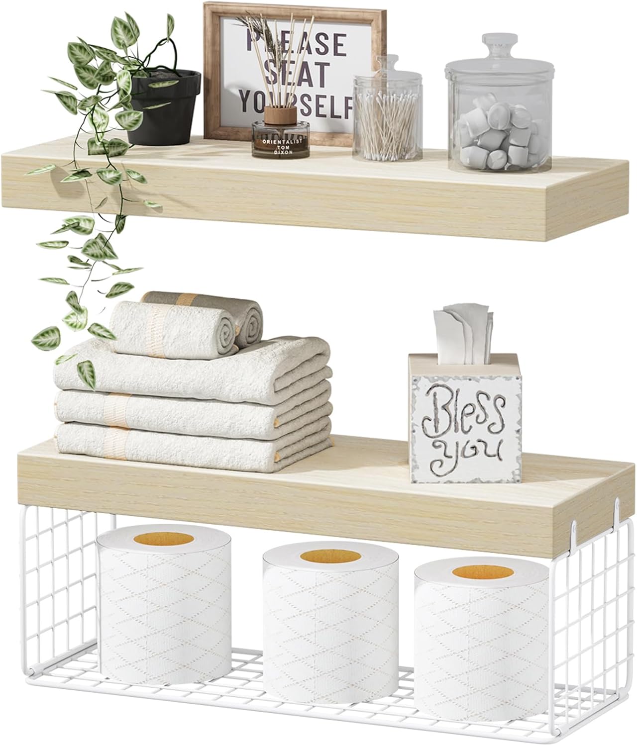 Fixtur Services floating shelves over toilet for stylish bathroom storage with towels and décor.
