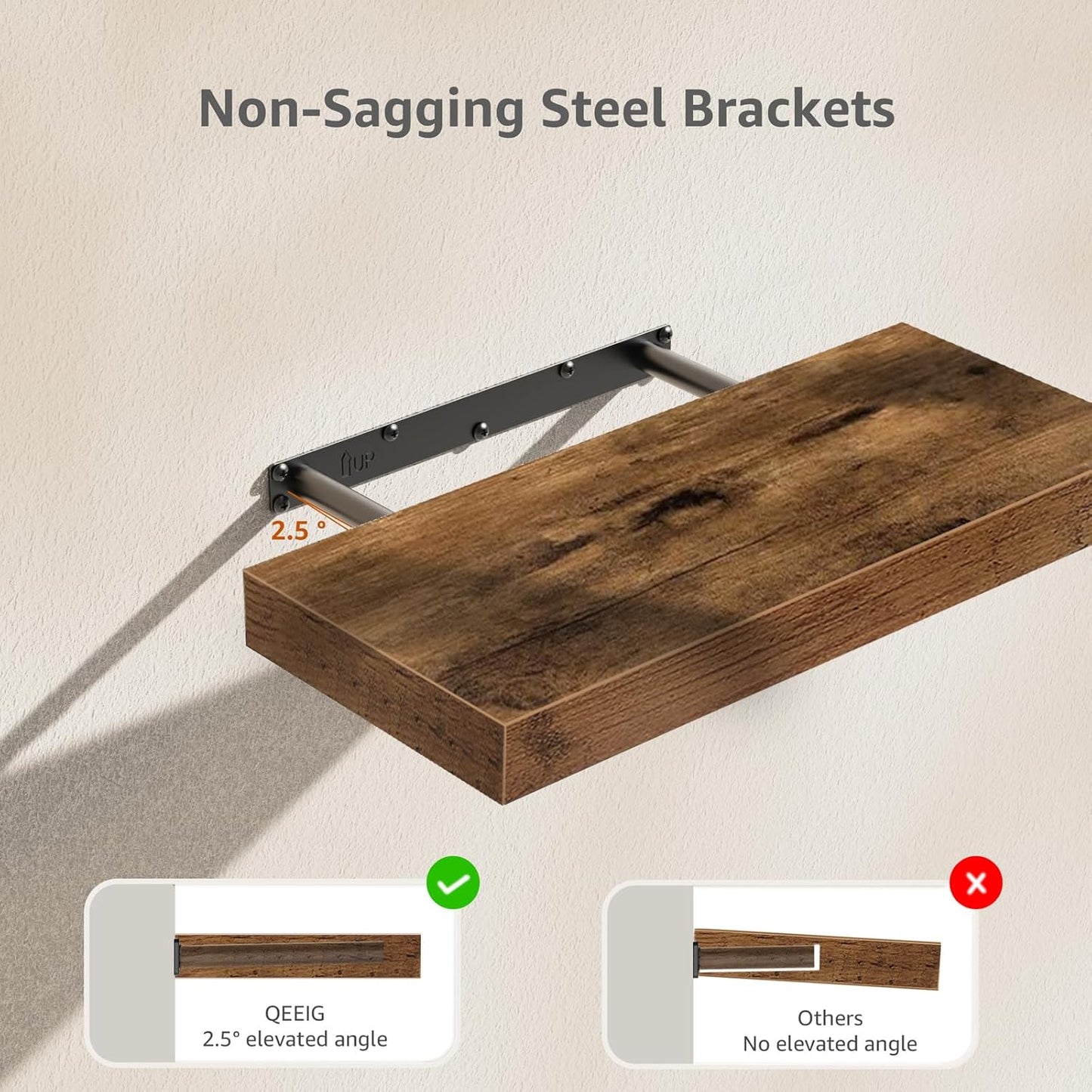 Non-sagging steel brackets for floating shelves over toilet with a rustic wood finish