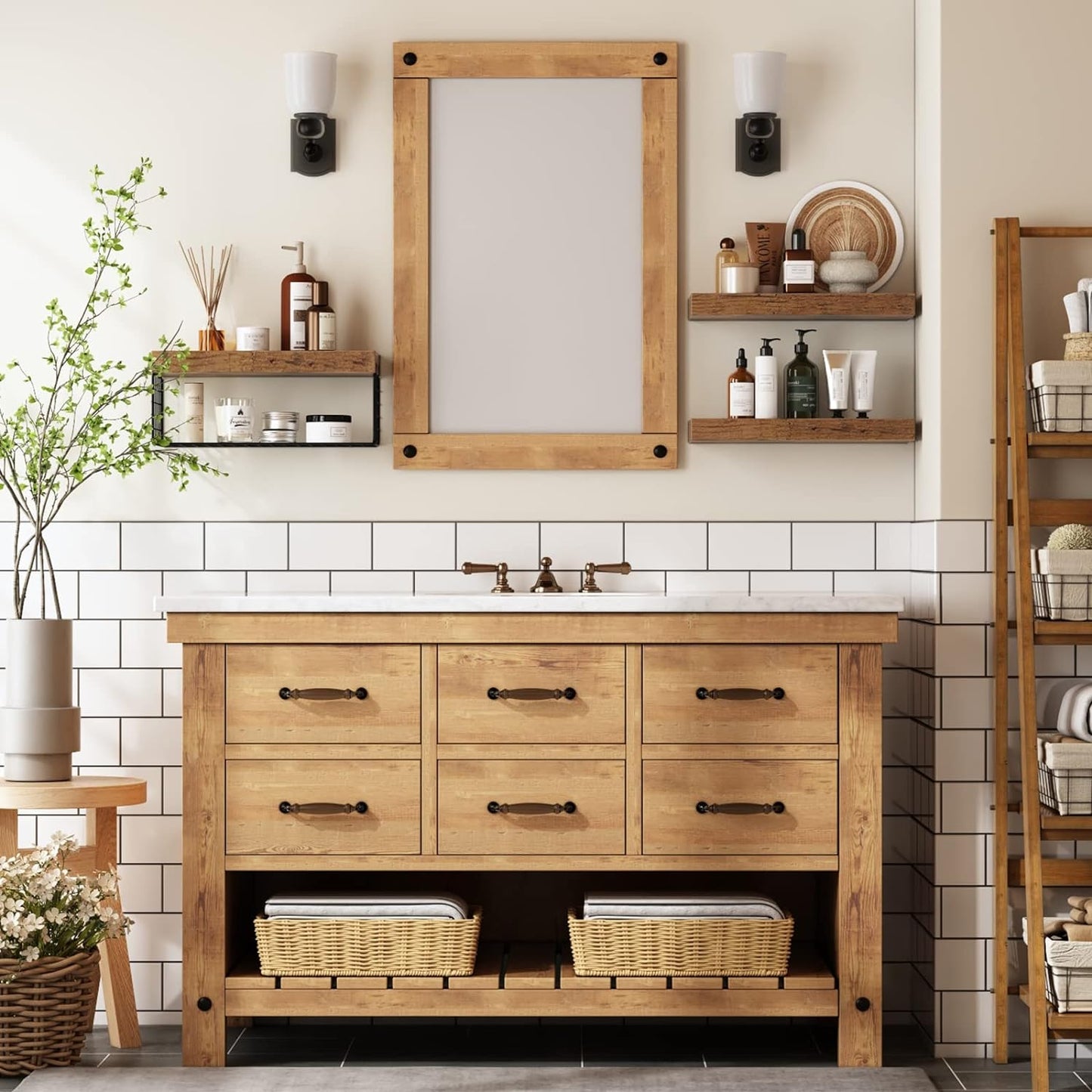 Stylish bathroom with floating shelves over toilet for extra storage and decor organization