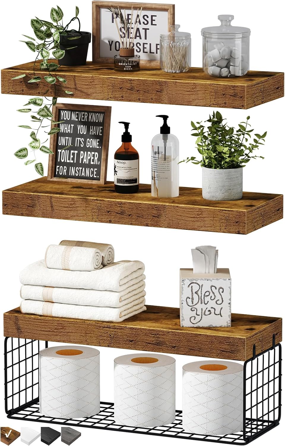 Fixtur Services floating shelves over toilet with decorative plants and storage for towels and toiletries