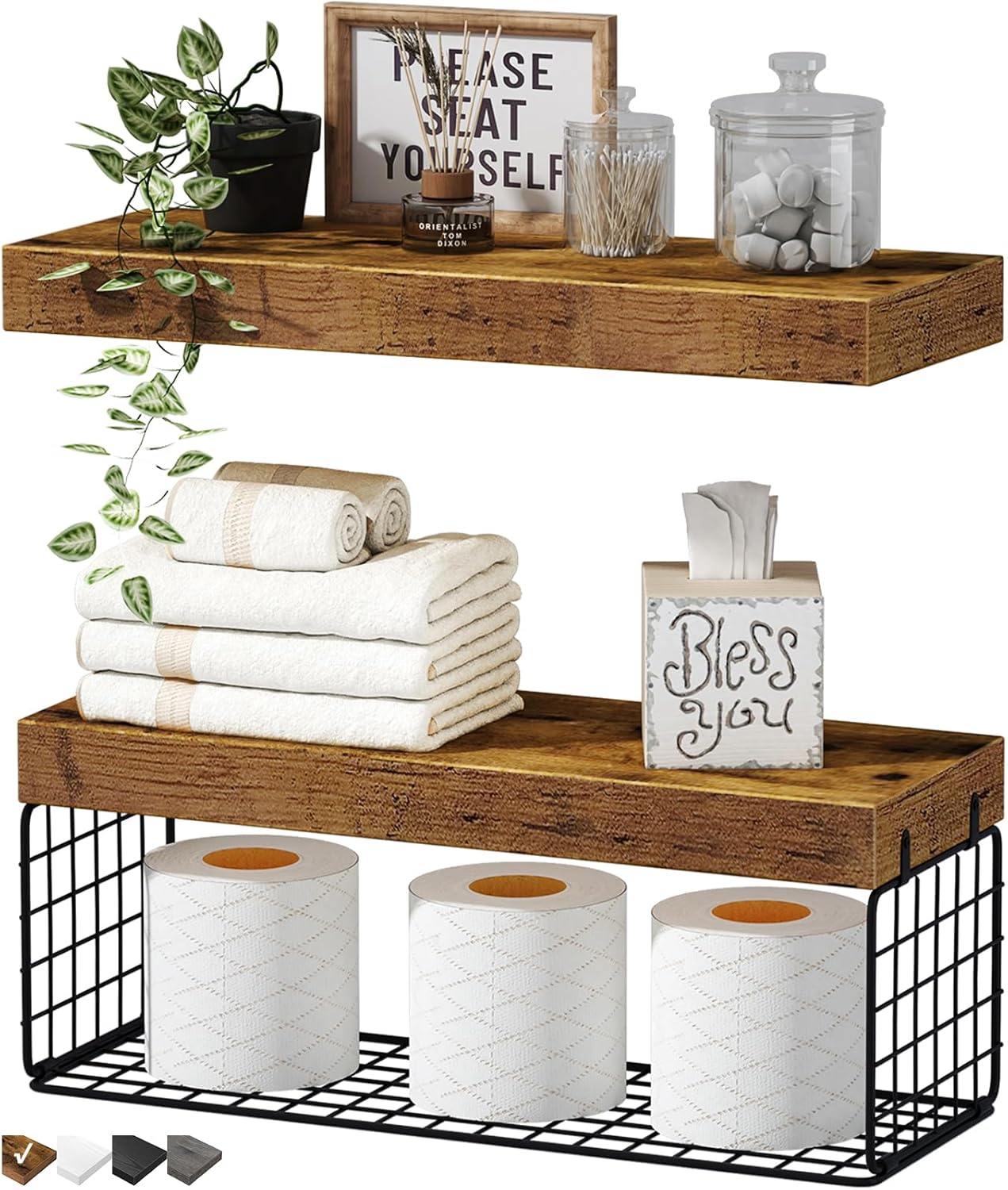 Stylish floating shelves over toilet with decorative items and storage for towels and toilet paper