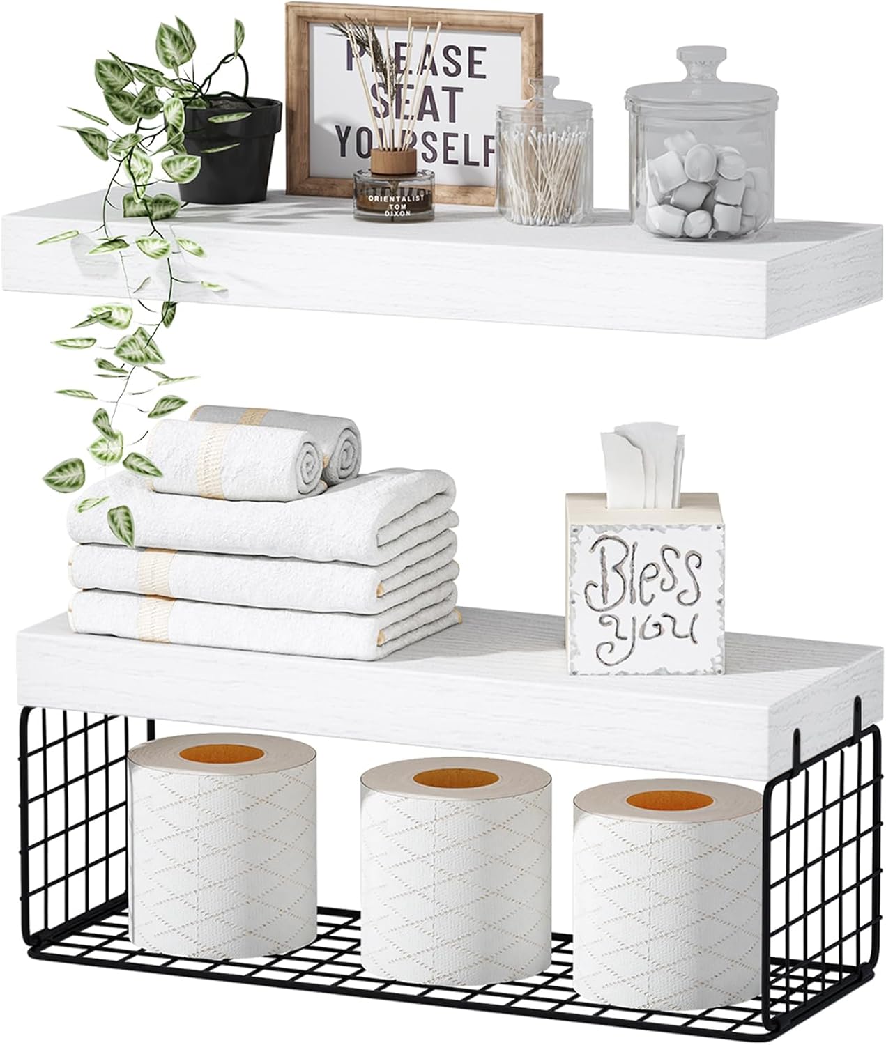 Fixtur Services floating shelves over toilet with decorative items and rolled towels for bathroom organization