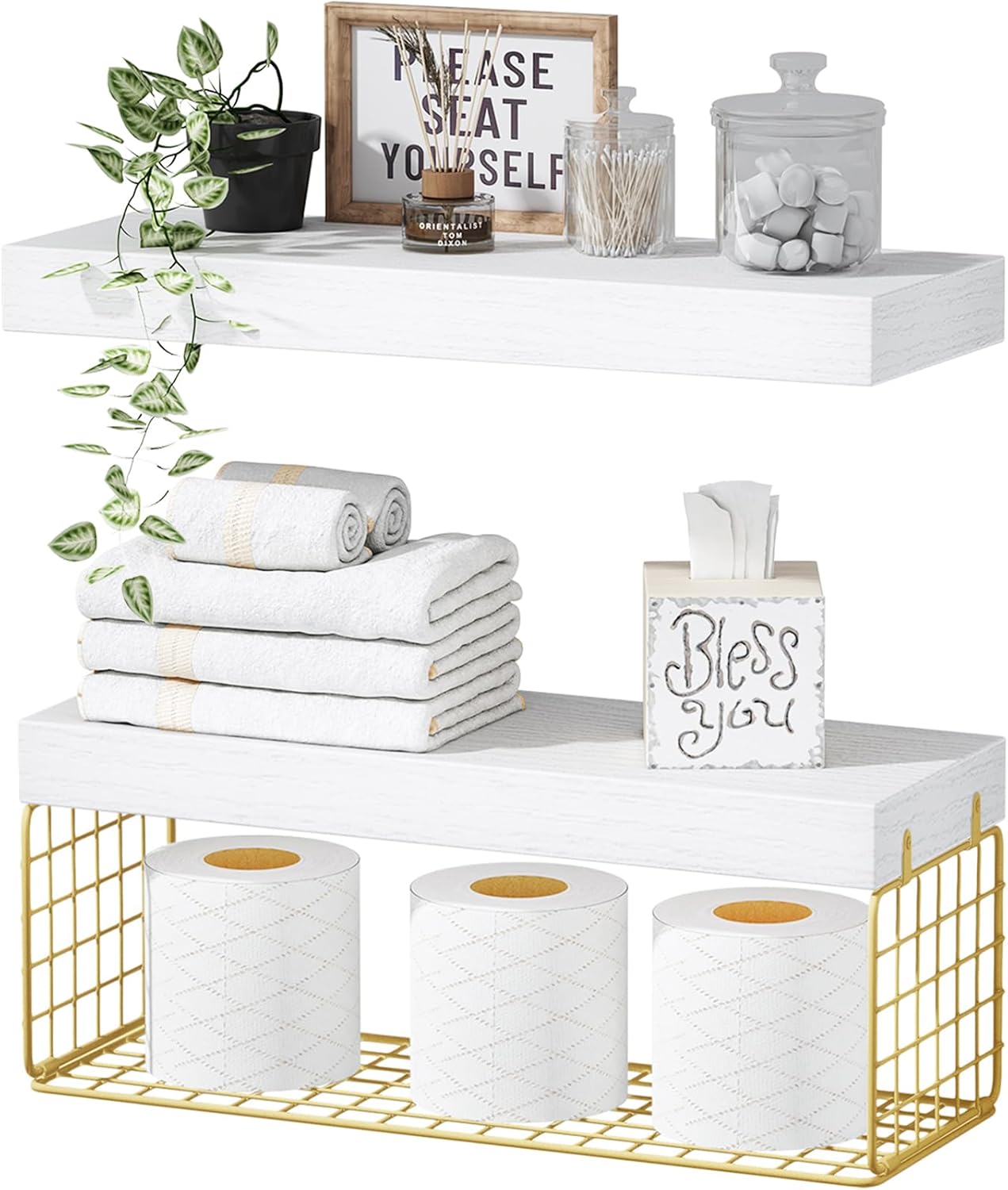Stylish floating shelves over toilet with decorative items, towels, and toilet paper for bathroom organization