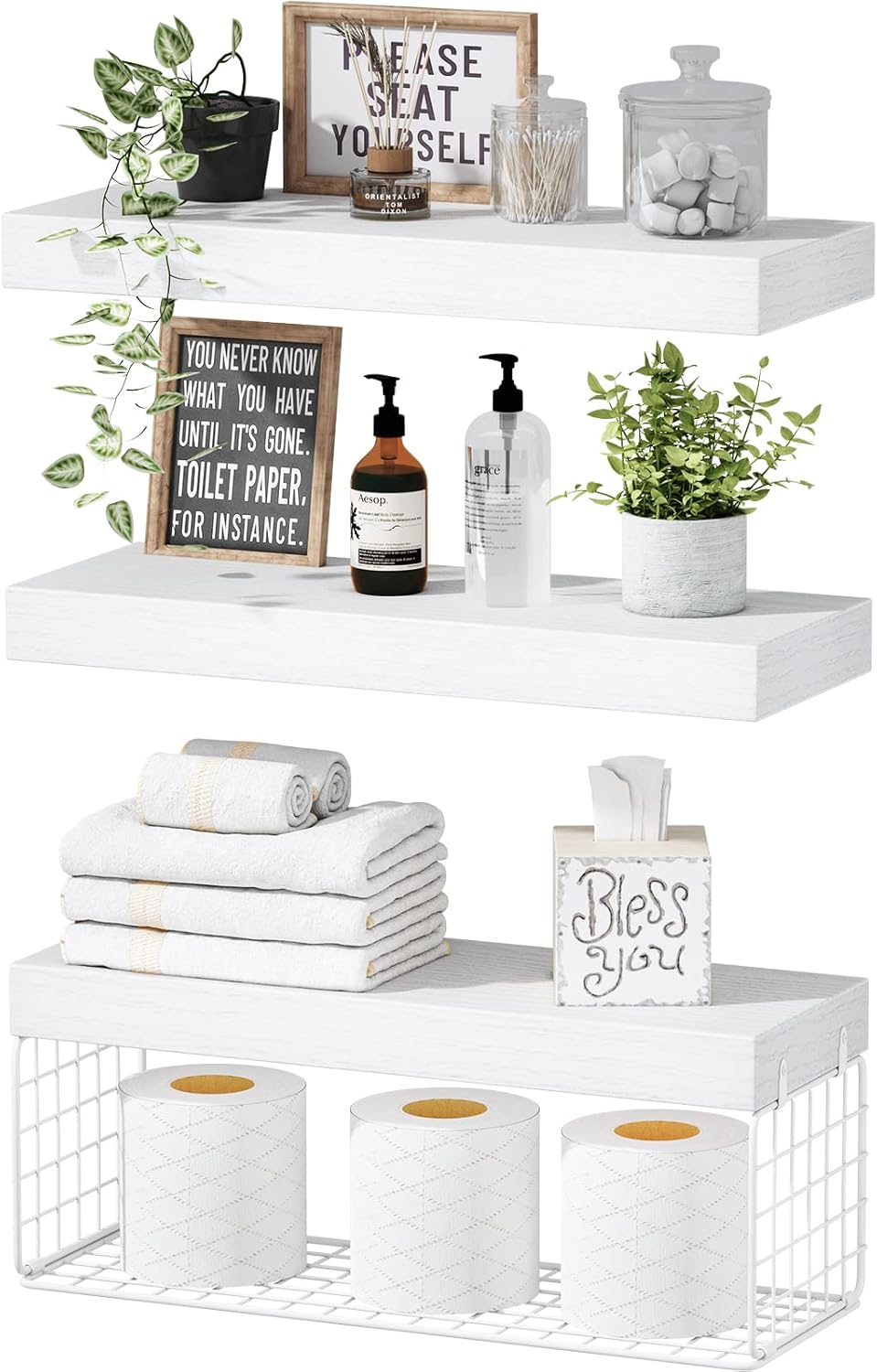Fixtur Services floating shelves over toilet with decorative items, plants, and storage for towels and toiletries