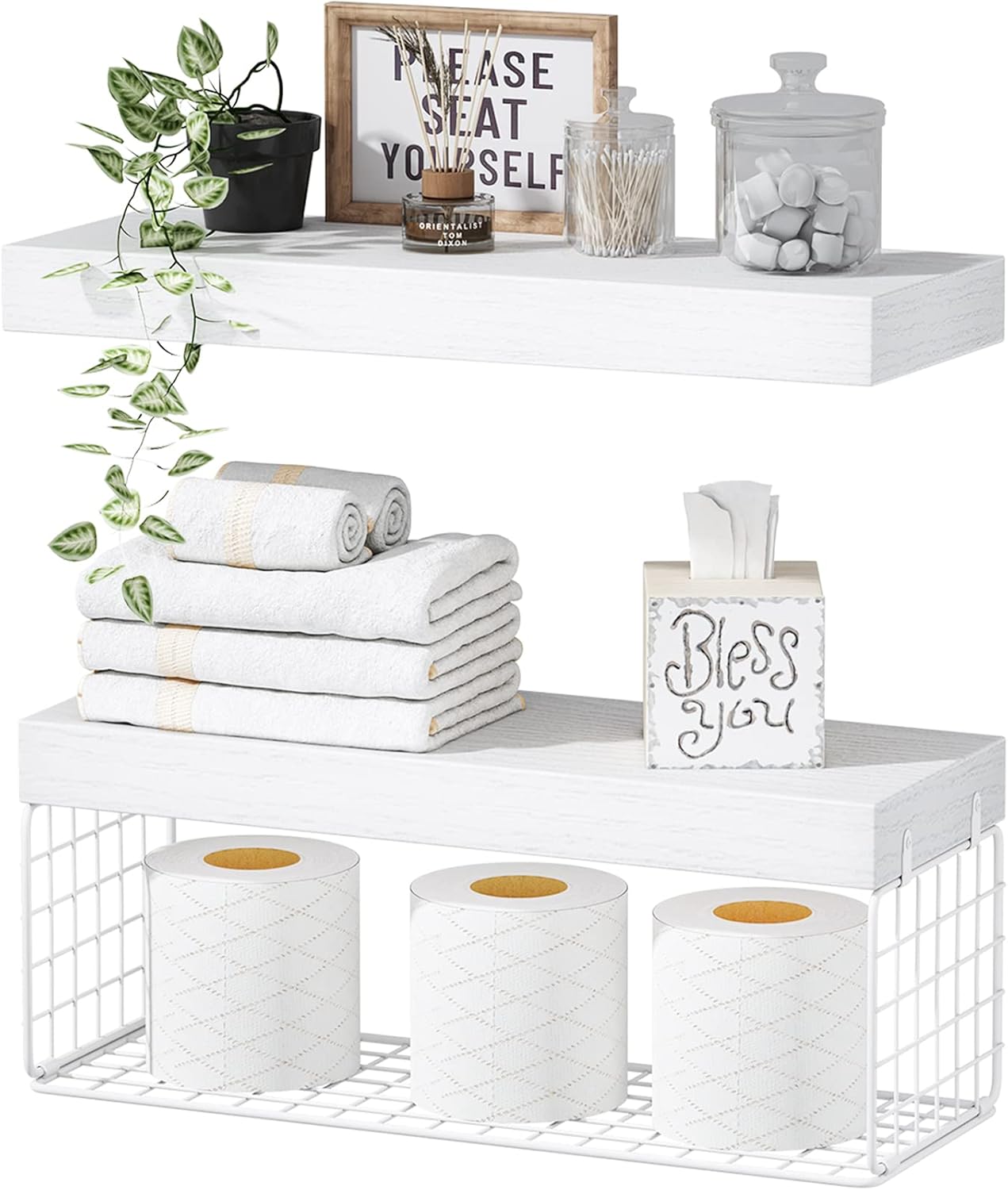 Fixtur Services floating shelves over toilet with decorative items and storage for towels and toiletries