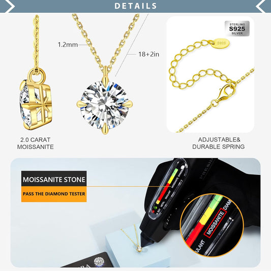 14K gold solitaire necklace featuring a 2.0 carat moissanite stone on adjustable chain