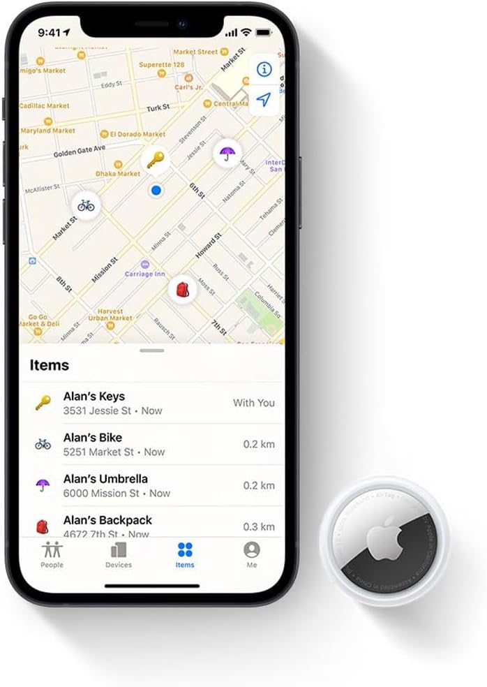 Apple AirTag 4 Pack displayed next to an iPhone showing location tracking on a map