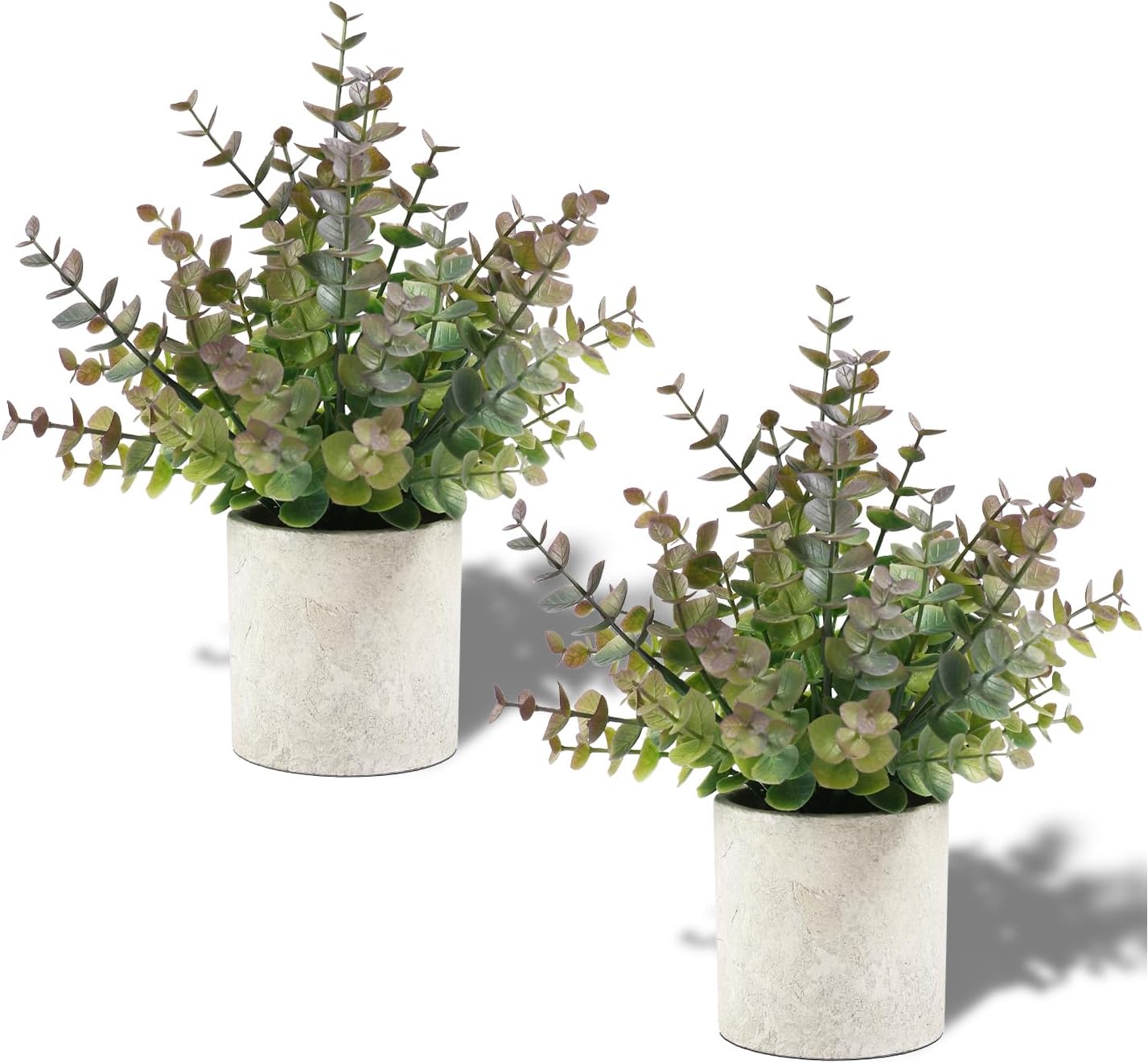Set of two artificial eucalyptus plants in elegant white pots for home decor