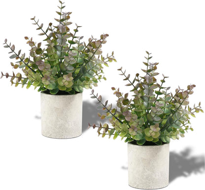 Set of two artificial eucalyptus plants in elegant white pots for home decor