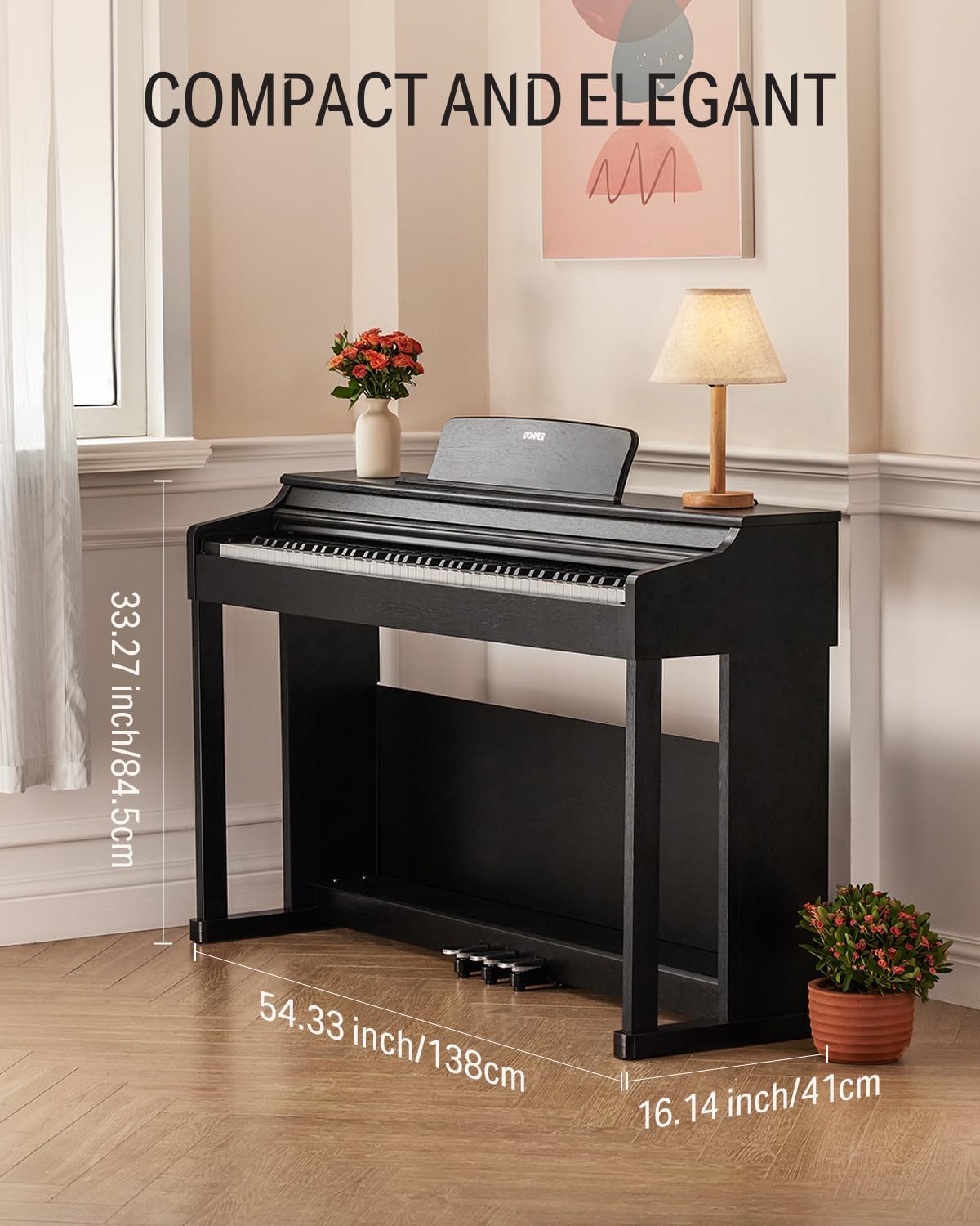 Fixtur Services digital piano with 88-key weighted action keyboard, compact design suitable for home decor