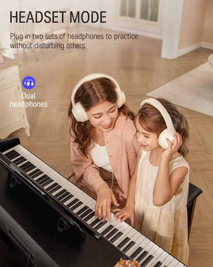 Digital piano featuring dual headphones for practice, with an 88-key weighted action keyboard