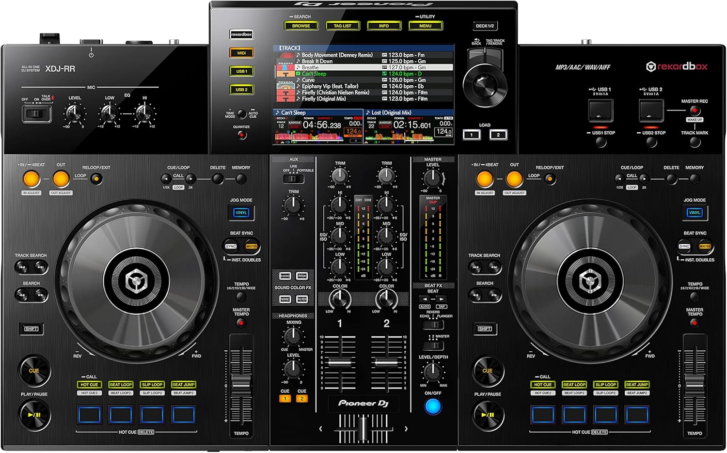 Pioneer DJ XDJ-RR controller featuring dual decks, mixer, and touchscreen for professional DJs