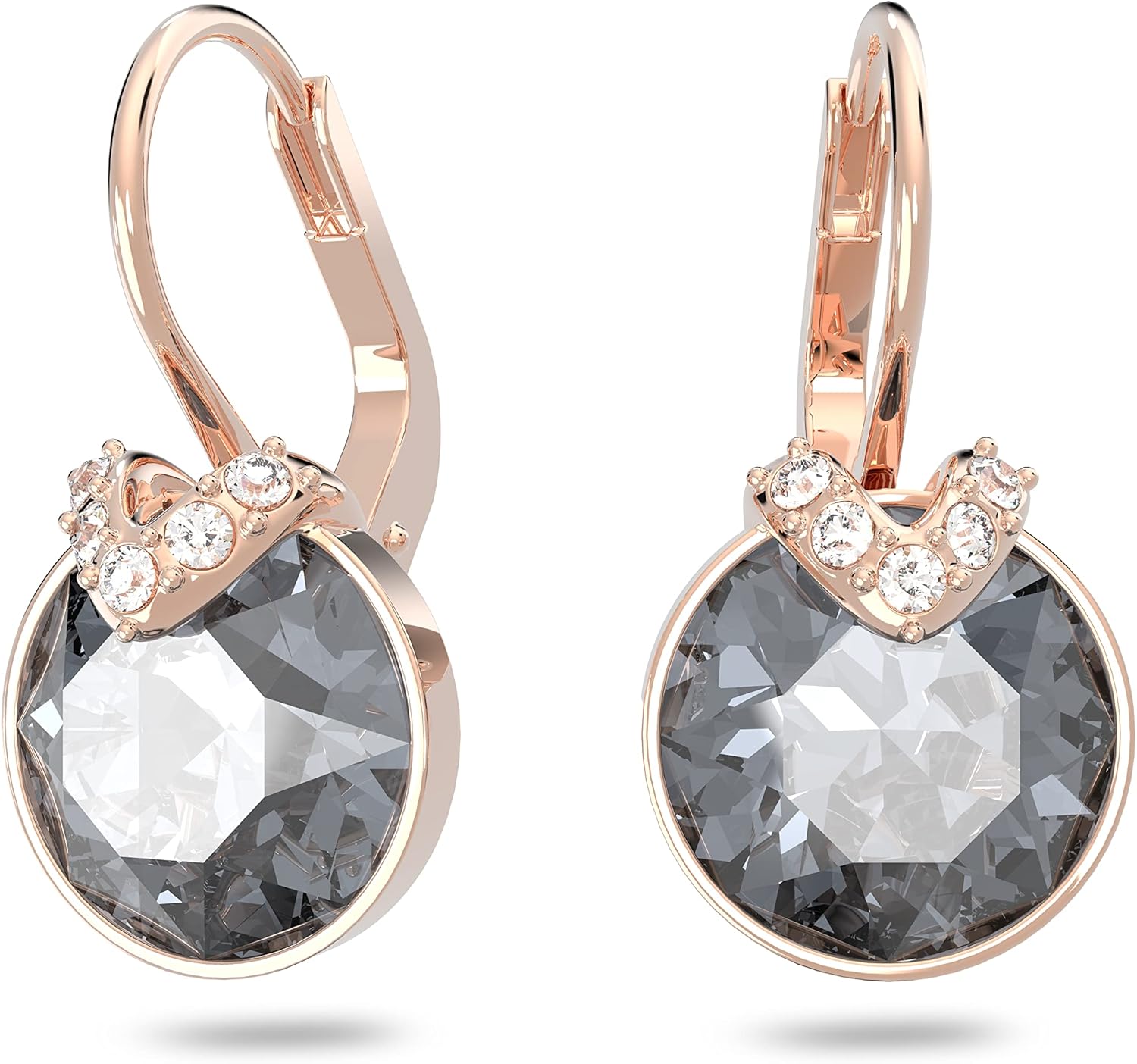 Swarovski Bella earrings featuring elegant gray crystals and a rose gold setting for a sophisticated look