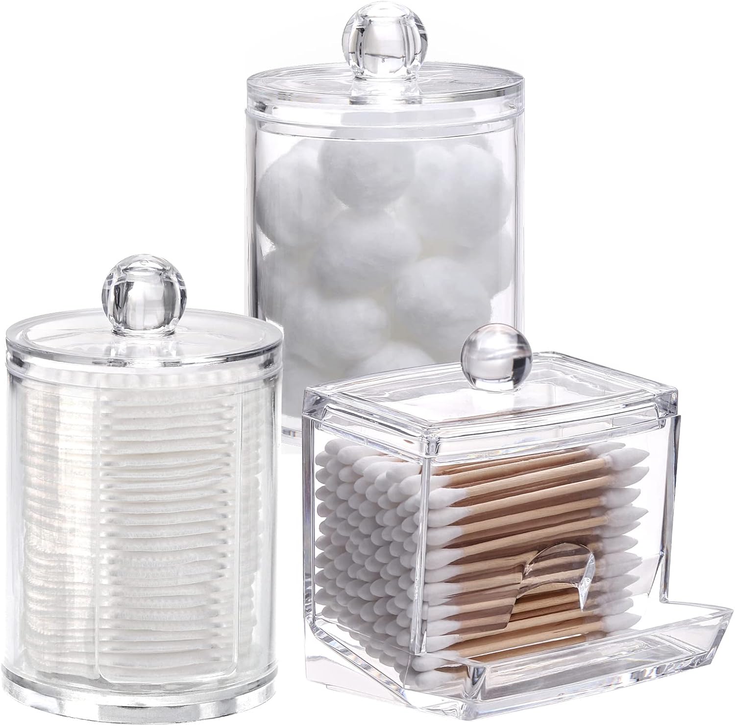 Set of clear canisters for cotton ball storage organizer and cotton swab storage