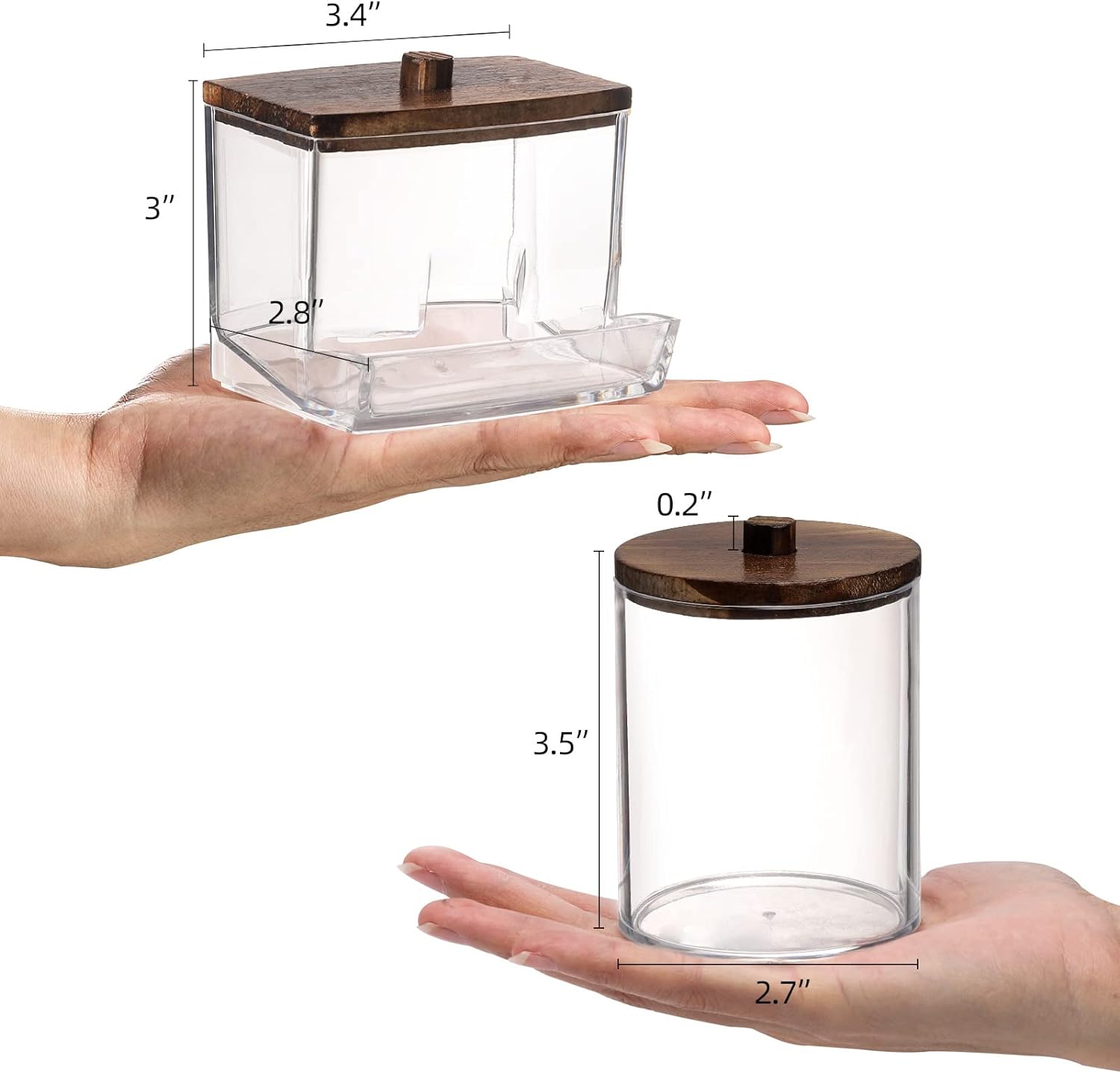 Transparent cotton ball storage organizer with a wooden lid for stylish bathroom organization