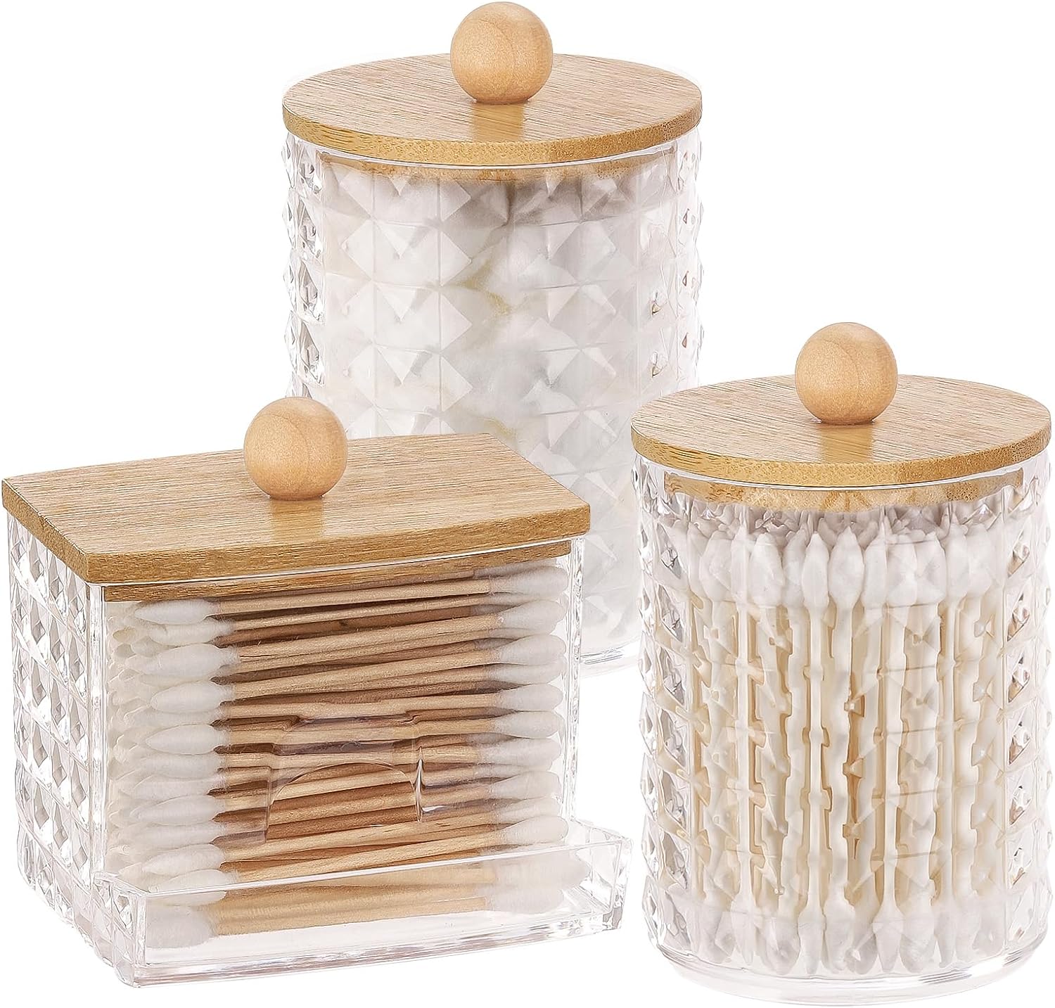 Set of three canisters with wooden lids for cotton ball storage organizer in a decorative design