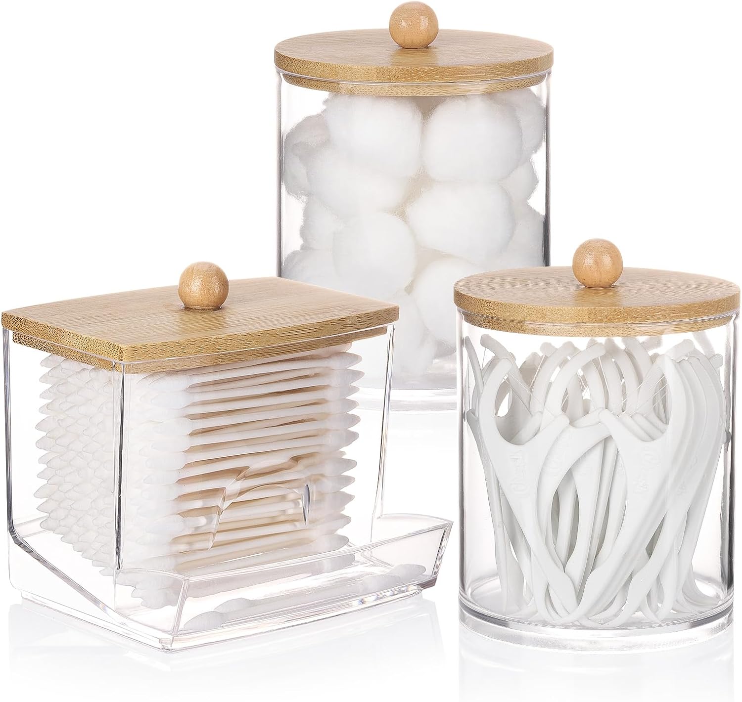 Set of three clear canisters with bamboo lids for cotton ball storage organizer and personal care items