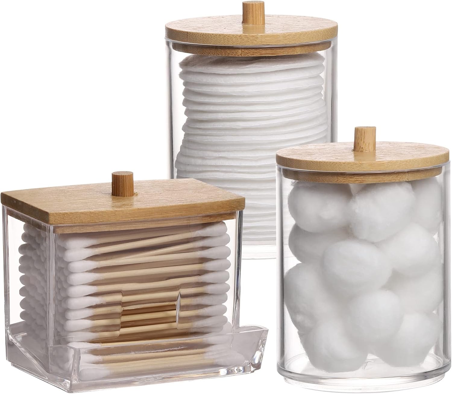 Set of three stylish canisters for cotton ball storage organizer with bamboo lids