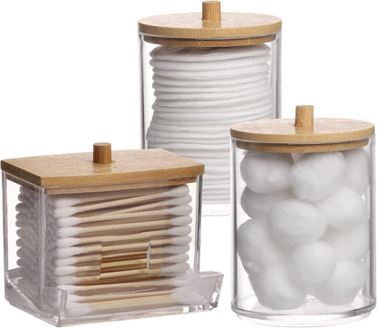 Set of three stylish canisters for cotton ball storage organizer with bamboo lids