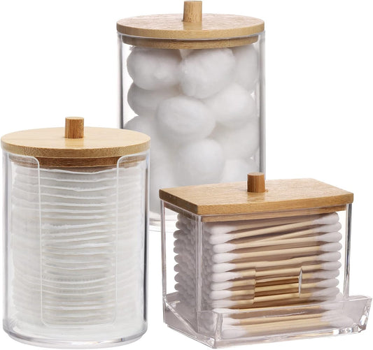 Set of Fixtur Services canisters for cotton ball storage organizer with bamboo lids