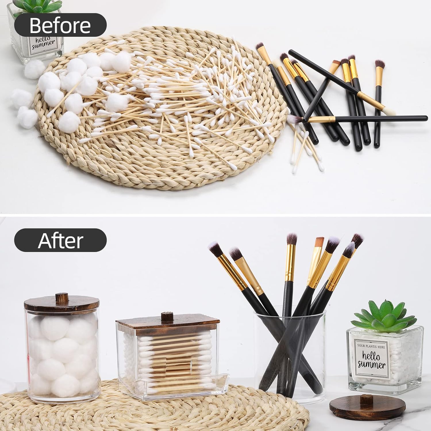 Fixtur Services cotton ball storage organizer with clear design and wooden lid for bathroom organization