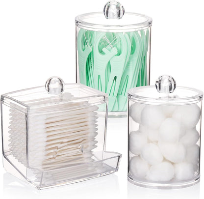 Set of clear canisters for a cotton ball storage organizer and other beauty essentials