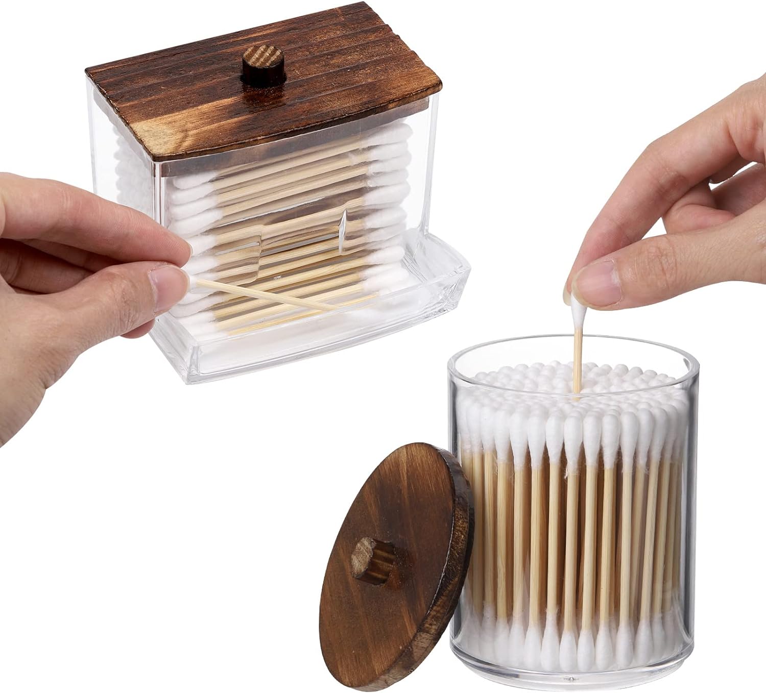 Fixtur Services cotton ball storage organizer with a stylish wooden lid and clear container for easy access